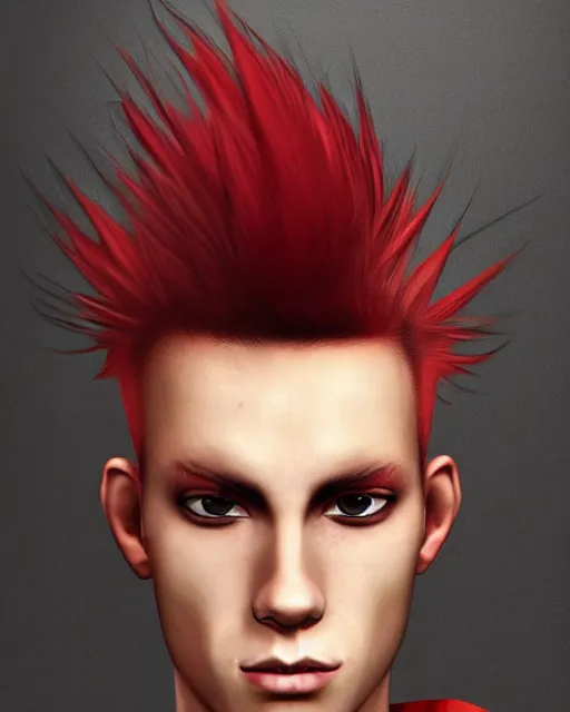 Prompt: young man with a short red dyed mohawk, red eyes and a slim face, dressed in punk clothing, headsho, attractive, handsome, in color, no makeup, model, realistic digital art