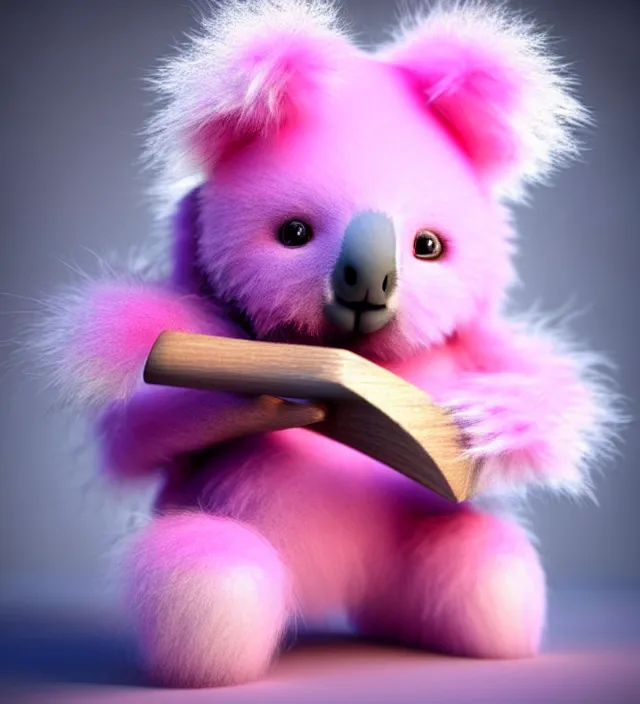 Image similar to high quality 3 d render hyperrealistic very cute small pink koala dj, fog, steam, smoke, plush mascot, short spiky dense fluffy smooth hair, photo from the side, pink fluffy fur, 1 5 0 mm, beautiful natural soft light, rim light, smooth background, artstation, ultra detailed, elegant, ultra detailed, metallic armor, octane render