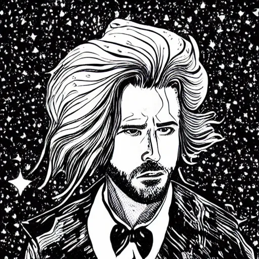 Image similar to black and white pen and ink!!!!!!! MAPPA designed Ryan Gosling wearing cosmic space robes made of stars final form flowing royal hair golden!!!! Vagabond!!!!!!!! floating magic swordsman!!!! glides through a beautiful!!!!!!! Camellia!!!! Tsubaki!!! death-flower!!!! battlefield dramatic esoteric!!!!!! Long hair flowing dancing illustrated in high detail!!!!!!!! by Moebius and Hiroya Oku!!!!!!!!! graphic novel published on 2049 award winning!!!! full body portrait!!!!! action exposition manga panel black and white Shonen Jump issue by David Lynch eraserhead and beautiful line art Hirohiko Araki!! Rossetti, Millais, Mucha, Kentaro Miura, Jojo's Bizzare Adventure!!