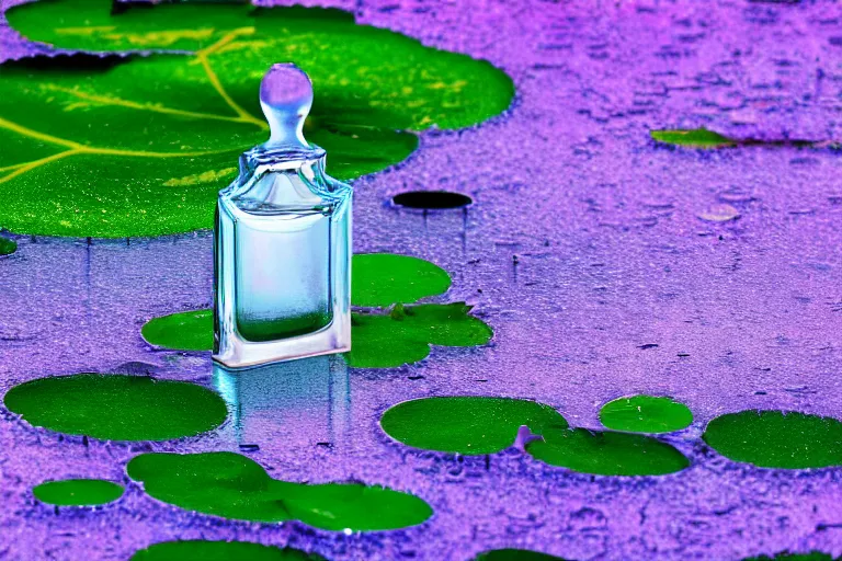 Image similar to perfume bottle standing on green lillypads in a cool blue frosted pond close shot, sharp focus, global illumination, dramatic, mid day, cherry blossom background, soft lilac skies, large scale, hyperrealistic, lots of detail, realistic lighting, octane render, by wlop, artgerm, trending on artstation