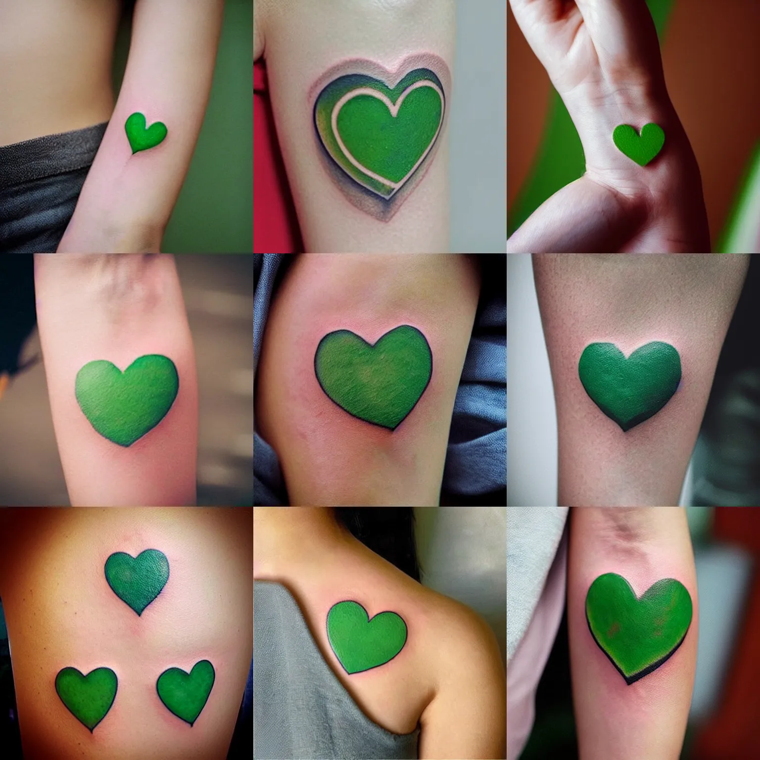 Prompt: “tattoo of a small green heart 💚 emoji, cute neotraditional tattoo”