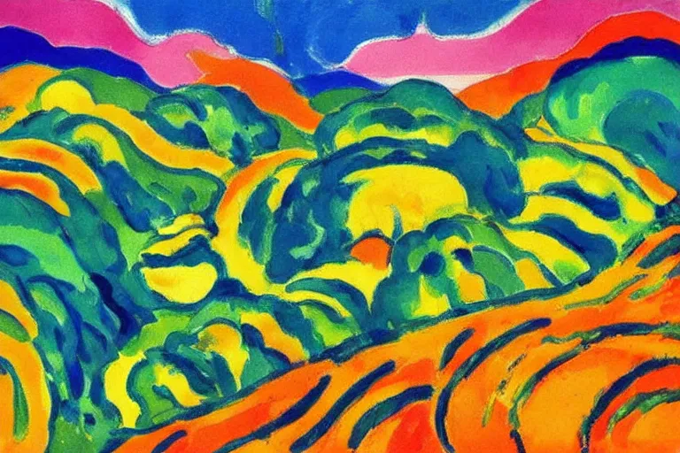 Image similar to Landscape painting. Wild energy patterns rippling in all directions. Curves, zig-zags. Organic. Mountains. Clouds. Vegetation. Rushing water. Waves. LSD. Fauvism. Emil Nolde. Matisse