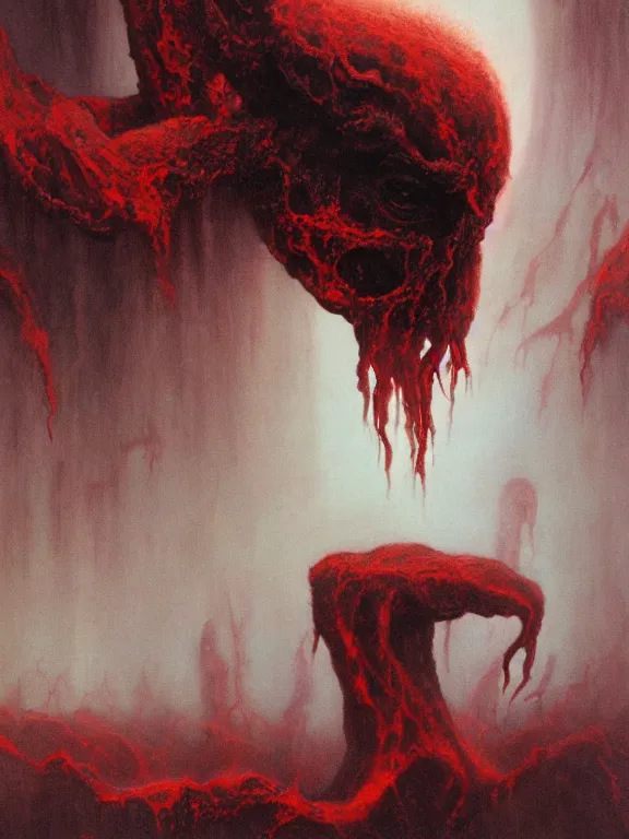 Image similar to wayne barlowe painting of a flying sorrowful looking severed human head with tears running down it's eyes, face that is chalk white in color, with long white tentacles stemming from it's neck, fiery scorching red eyes, background sprawling terrifying hellish cave with lava flowing through it's walls, 4 k