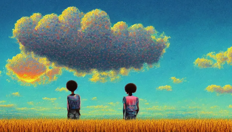 Image similar to daisy afro head, full body, girl watching sunset, empty wheat field, surreal photography, colorful clouds, tree, impressionist painting, colorful clouds, digital painting, pointillism, artstation, simon stalenhag