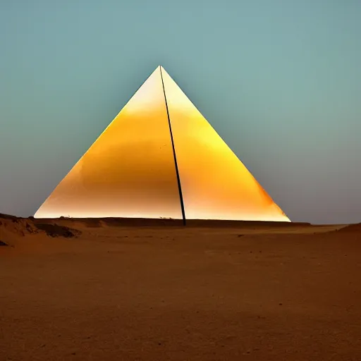 Prompt: giant pyramid made of glass in the middle of desert, cinematic lighting