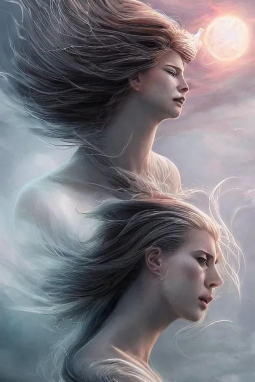 Image similar to a celestial goddess casts a transcendental magical spell, windy floating hair!!, atmospheric moody, dark academia, seductive beauty! cinematic volumetric lights, bust portrait, dnd, fantasy, intricate, elegant, highly detailed, digital painting, artstation, concept art, smooth, sharp focus, illustration, art by artgerm and tom bagshaw and greg rutkowski and alphonse mucha