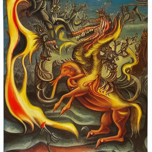 Image similar to medieval bestiary of repressed emotion monsters and creatures starting a fiery revolution in the psyche, surreal oil on canvas