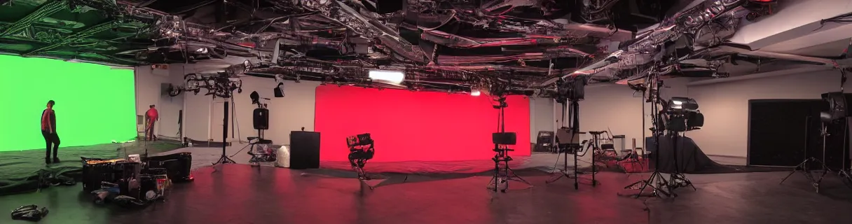 Image similar to photo of a movie set with a single big green screen with red tracking markers dots, studio, movie set, realistic, studio lighting