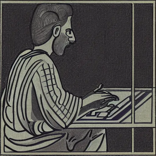 Image similar to photo of an anceint greek vase depicting a man playing games on his computer with his back hunched, 4 k, award winning photograph, museum photograph, highly detailed