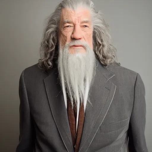 Prompt: Gandalf wearing a suit, DLSR photo