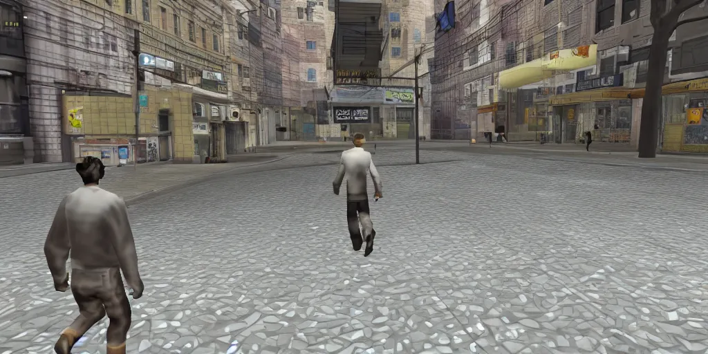 Prompt: glitchy PS1 game, third person, man walking through city