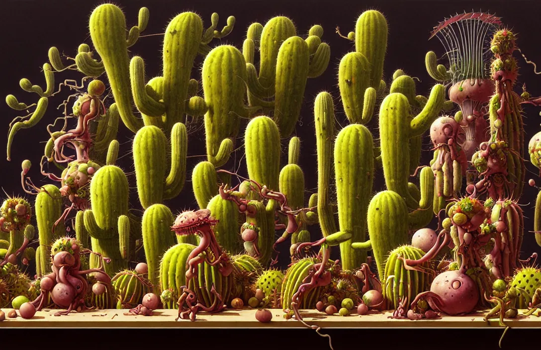 Prompt: a still life of robotic fruit and cactus in the style of wayne barlowe, gustav moreau, peter mohrbacher, bussiere, roberto ferri, santiago caruso, luis ricardo falero, austin osman spare, boris vallejo, hajime sorayama, dali