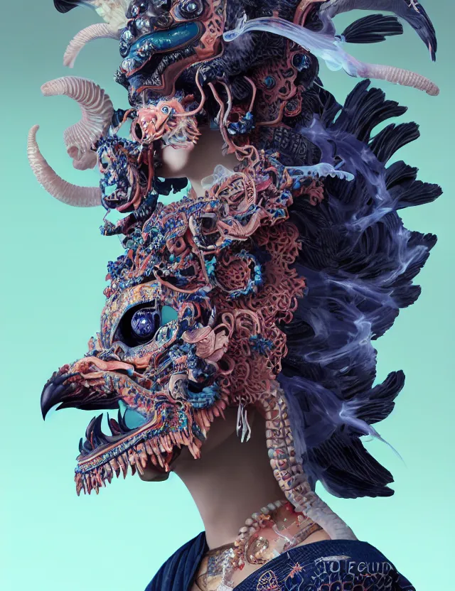 Image similar to 3 d goddess of hell close - up profile portrait with ram skull. beautiful intricately detailed japanese crow kitsune mask and clasical japanese kimono. betta fish, jellyfish phoenix, bio luminescent, plasma, ice, water, wind, creature, artwork by tooth wu and wlop and beeple and greg rutkowski