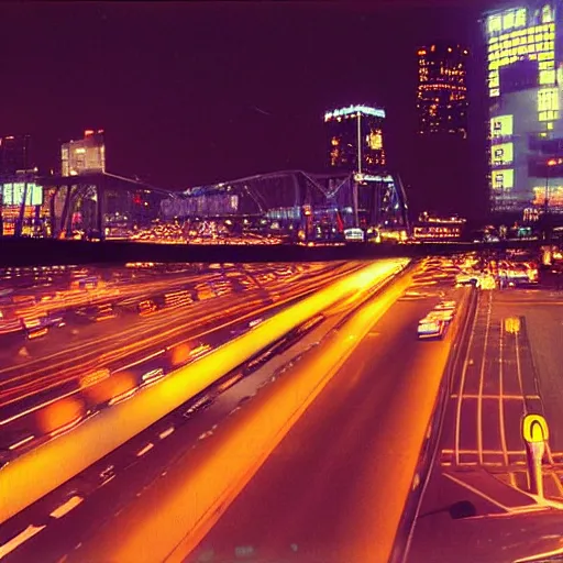 Prompt: nissan skyline r 3 3 rides on tokyo highway, night, high traffic, photograph from 1 9 9 9 year