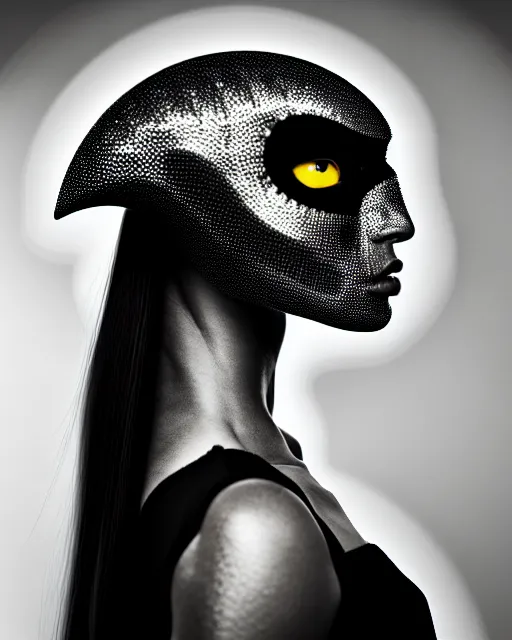 Image similar to a profile portrait, a stunning young woman - cyborg with a mutant crow head, editorial photography, bw, shot on 7 0 mm, depth of field, f / 2. 8, high contrast, 1 6 k, volumetric lighting, shiny, insanely detailed and intricate, hypermaximalist, elegant, ornate, hyper realistic, super detailed