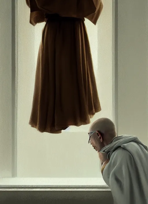 Image similar to oil painting of a franciscan monk in robes, looking out a window contemplatively, digital art, artstation, cinematic, golden hour, digital art painting by greg rutkowski