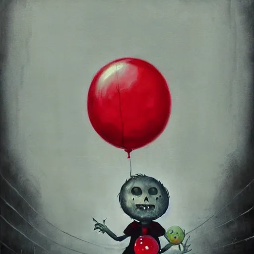 Image similar to grunge painting of creepy pasta with a wide smile and a red balloon by chris leib, loony toons style, pennywise style, corpse bride style, horror theme, detailed, elegant, intricate, conceptual, volumetric light
