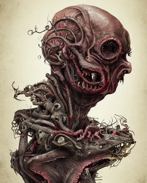 Image similar to a gruesome portrait of a hideous creature, man-made horrors beyond your comprehension, lovecraftian, highly detailed, digital art, trending on cgsociety