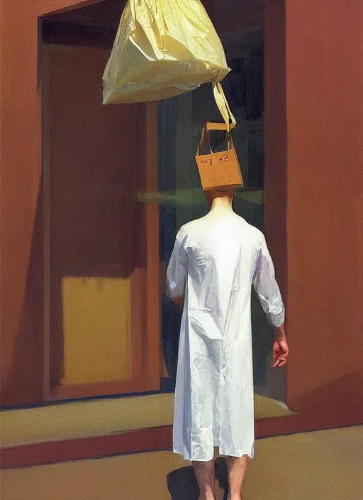 Image similar to man in a translucent dress made from plastic bag with paper bags for clothes standing inside paper bags with paper bag over the head at store display Edward Hopper and James Gilleard, Zdzislaw Beksinski, highly detailed