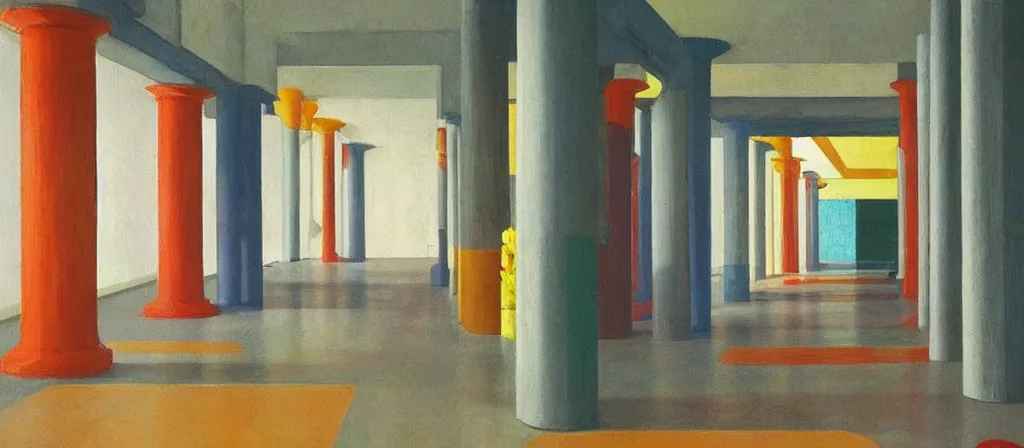 Image similar to colorful minimalist industrial interior hallway with monolithic pillars in the style of ridley scott and stanley kubrick, impossible stijl architecture, bed of flowers on floor, ultra wide angle view, realistic detailed painting by edward hopper