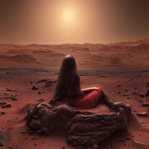 Prompt: Still of a Martian woman with gorgeous flowing hair on Mars, sitting on a Martian rock, photorealistic facial features, reddish atmosphere with detailed highlights, dark gloomy sky cascading upon the atmosphere, well-detailed ornate Martian mountains in the background, trending on artstation, 4k, 8k