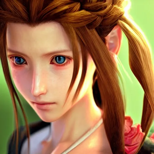 Image similar to a portrait painting of aerith from from final fantasy 7 by master artist yoshitaka amano, marble, gold, unreal engine 5