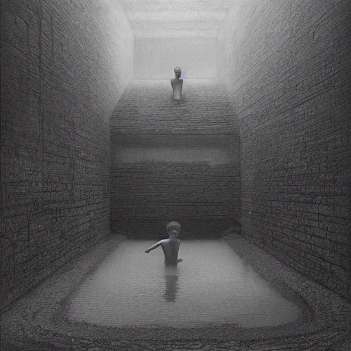 Prompt: backrooms swimming pool liminal space, a little man lost in immensity by zdzislaw beksinski