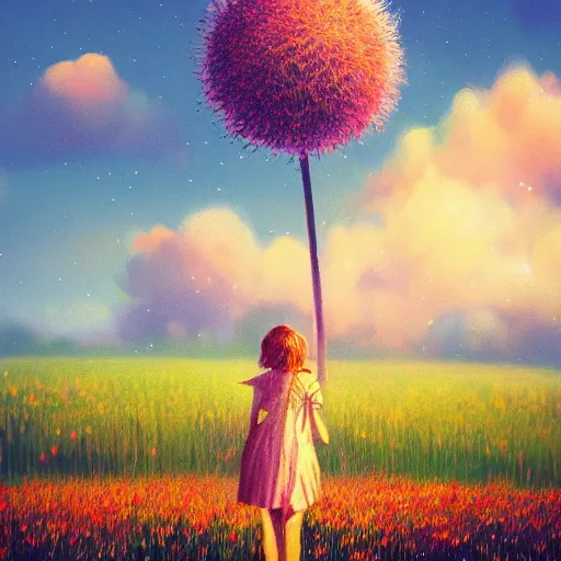 Prompt: girl with dandelion face, surreal photography, dream, standing in flower field, hills, big trees, sunrise dramatic light, impressionist painting, colorful clouds, digital painting, pointillism, artstation, simon stalenhag