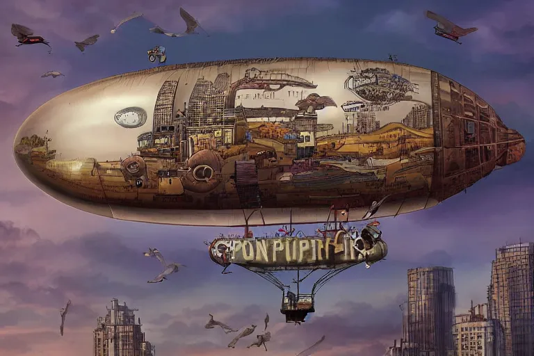 Image similar to a blimp in the shape of a pig, steampunk, digital art, extremely detailed, flying over a city