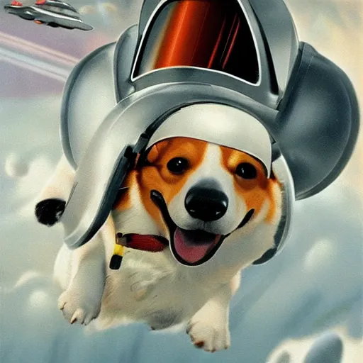 Prompt: corgi piloting a spaceship with helmet, serious, sci fi, dramatic, concept art