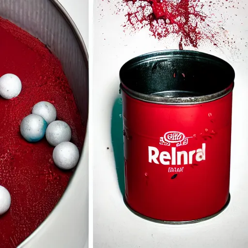 Prompt: dropping a ball into an open tin of red paint splashing advertising photo