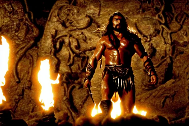 Prompt: film still from conan the barbarian, jason momoa as conan in the catacombs of evil, torch light, fantasy armor, volumetric lighting, wet skin and windblown hair, muscular!!!, battle action pose, ridley scott, high contrast
