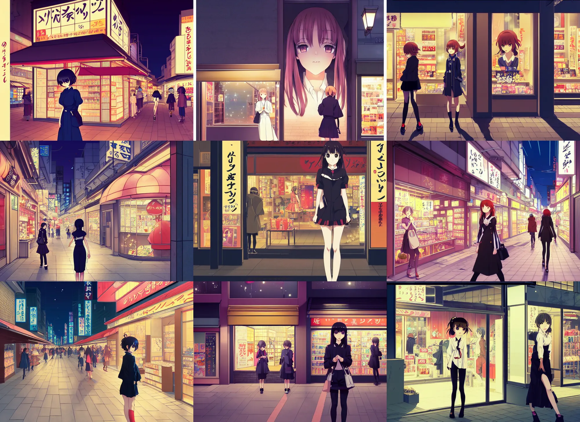 Prompt: anime visual, portrait of a young female sightseeing in shibuya exterior at night shopping, in front of shop, low light, cute face by ilya kuvshinov, yoh yoshinari, makoto shinkai, dynamic pose, dynamic perspective, cel shaded, flat shading mucha, rounded eyes, moody, detailed facial features