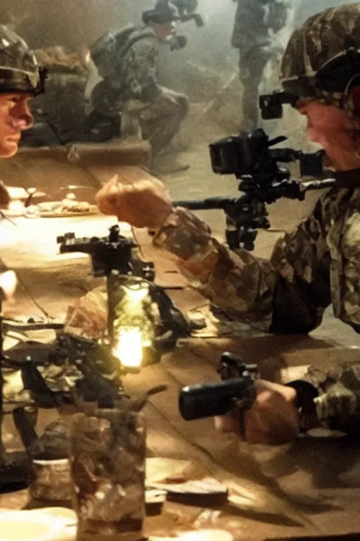 Prompt: cinematography of a tiny war happening on a dining table between militarized bush babies. by Roger Deakins