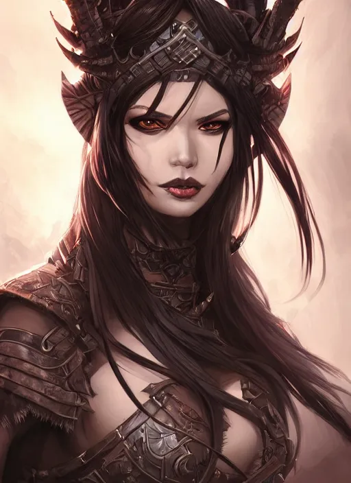 Image similar to beautiful warrior lady, black long hair, practical armor, brown skin, demonic eyes, low fantasy, extremely detailed, sharp focus, smooth, digital illustration, by rossdraws, frank franzzeta, sakimichan