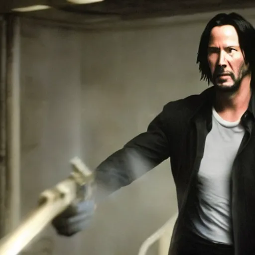 Image similar to movie still of keanu Reeves fighting Jack Bauer