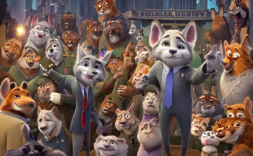 Image similar to joe biden got lost in the zootopia city, artstation hq, stylized, symmetry, modeled lighting, expressive, studio photo refined, highly detailed, hyper realistic, furry, sense of awe, zootopia style