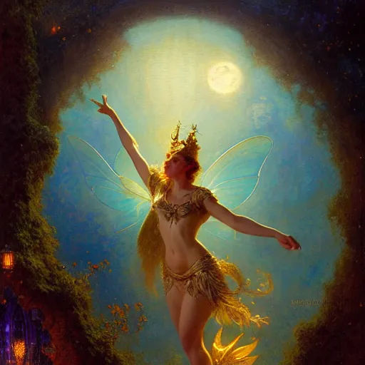 Image similar to attractive fairy queen fly high in the night, fantasy, full moon in background. hyper detailed painting by gaston bussiere, craig mullins, j. c. leyendecker, mid shot, 8 k, cryengone, cinematic lighting, beautiful,