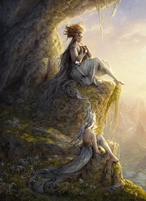 Prompt: A beautiful Norse Goddess with long flowing silver hair perched on a hilltop overlooking a village, fantasy, intricate, elegant, highly detailed, D&D, digital painting, artstation, concept art, matte painting, sharp focus, illustration, glowing light and shadow, atmospheric, shadowy, cinematic, in the style of Greg Rutkowski and artemisia gentileschi and Alphonse Mucha