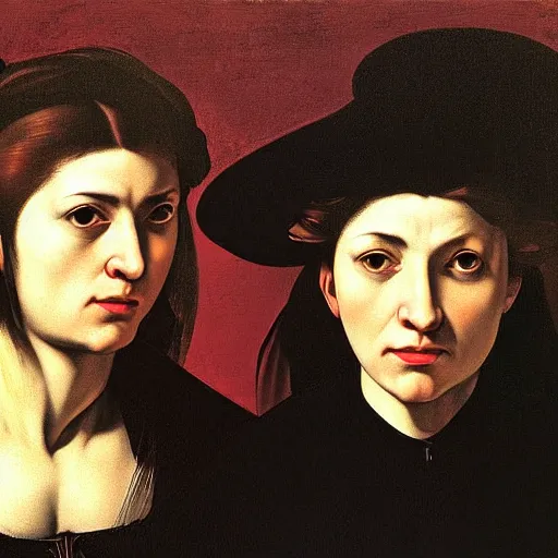 Image similar to portrait of three female outlaws, by caravaggio