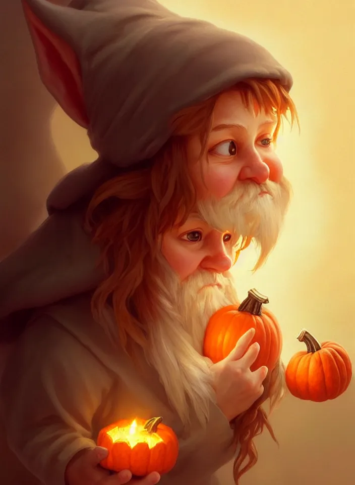 Image similar to hand drawn cute one gnomes face in autumn and pumpkin, detailed closeup face, concept art, low angle, high detail, warm lighting, volumetric, godrays, vivid, beautiful, trending on artstation, art by artgerm and greg rutkowski and alphonse mucha