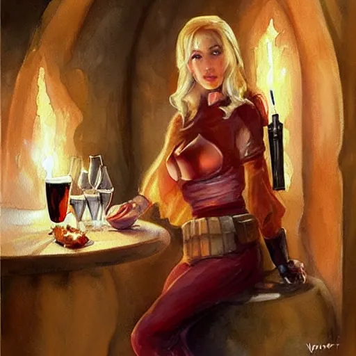 Image similar to blonde hot woman in wine cellar, boba fett!, drinking beer, eating meat, cozy, inviting, atmospheric, torches on the wall, watercolor! by vladimir volegov