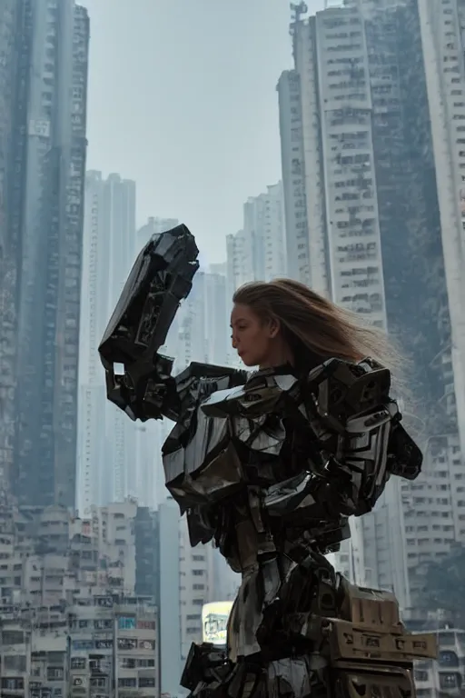 Image similar to portrait cinematography of beautiful young female, clothed in sci-fi military armor, long hair blowing in the wind. Giant mechs in the streets of Hong Kong. by Roger Deakins