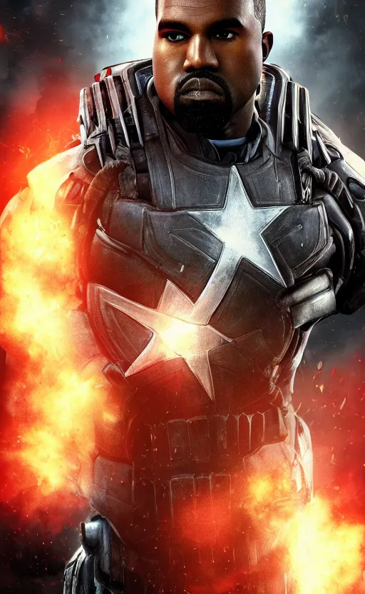 Image similar to Portrait of Kanye West as captain america in Gears of War, splash art, movie still, cinematic lighting, dramatic, octane render, long lens, shallow depth of field, bokeh, anamorphic lens flare, 8k, hyper detailed, 35mm film grain