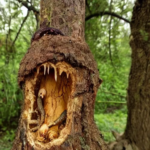 Image similar to a vampire maggot that lives in a tree stump, horror