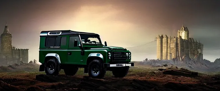 Image similar to Land Rover Defender 110 (1985), an epic fantasy, dramatic lighting, cinematic, establishing shot, extremely high detail, photorealistic, cinematic lighting, artstation, by simon stalenhag, The Elder Scrolls IV: Oblivion, Green Cyrodiil plains, Imperial City with the Adamantine Tower in the middle in the distance, Adamantine Tower in the distance, at day