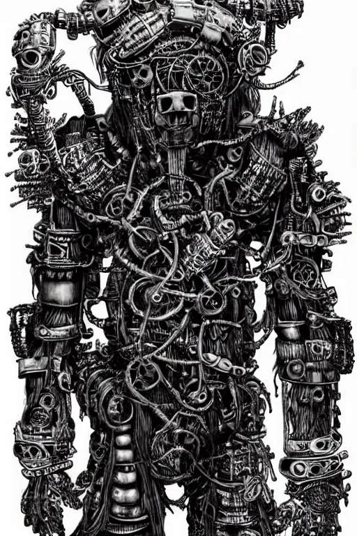 Prompt: wild monstorous anthropomorphic biomechanical bear shaman-warrior wearing chains made of tiny human skulls and other voodoo artifacts. Wearing dreadlocks made of cables and wires. Upgraded with hightech cyberwares. huge, big, giant bear human hybrid, mecha animal, tall, detailed woodcut armor, terrifying and dangerous, scary, beautiful, steampunk monster android hybrid art portrait, matte scifi fantasy painting, half robot half bear. Fullbody, Centered uncut. 50px margins on every side.. DeviantArt Artstation, by Jason Felix by Steve Argyle by Tyler Jacobson by Peter Mohrbacher, cinematic lighting