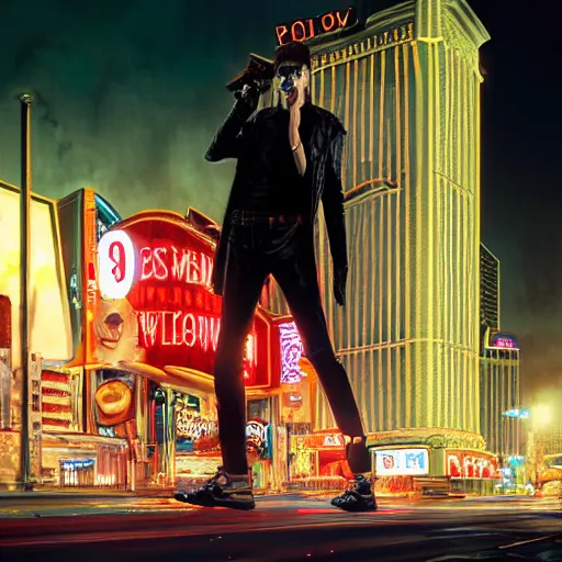 Image similar to 35mm kodak portra photograph of a shadowrun vampire on the Las Vegas strip at night by tomer hanuka and tom bagshaw, handsome face, blood, urban fantasy, hyper realism, high detail, octane render, 8k, trending on artstation, CGsociety, concept art