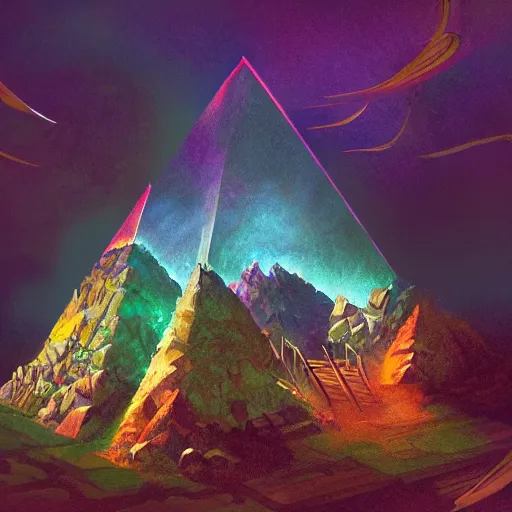 Prompt: bismuth pyramid in a cavern, establishing shot, epic lighting, whimsical fantasy, concept art, trending on artstation, dreamscape