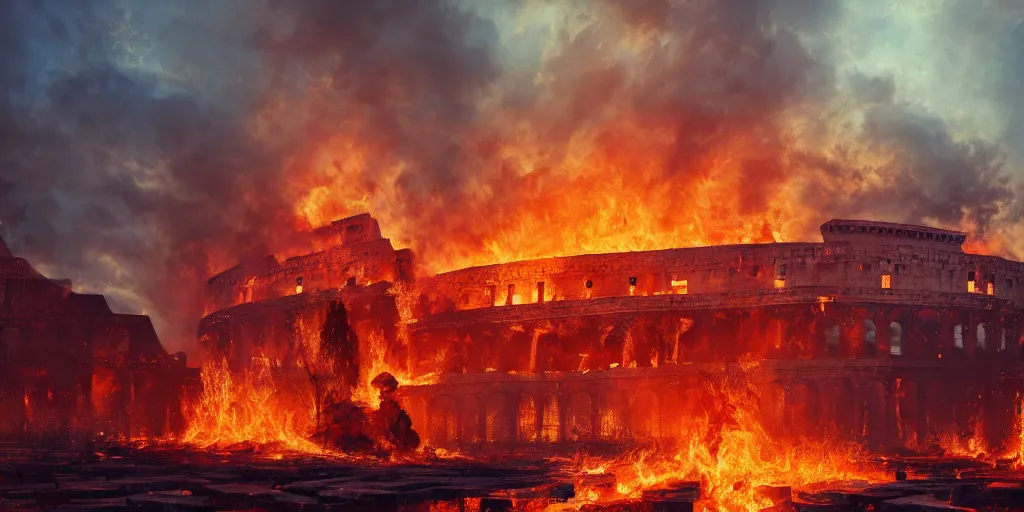 Image similar to Painting of the great fire of rome, abstract, realism, 8k, detailed, terror, octane render, 3d render, complex emotion, glow, orange, beautiful, cinematic